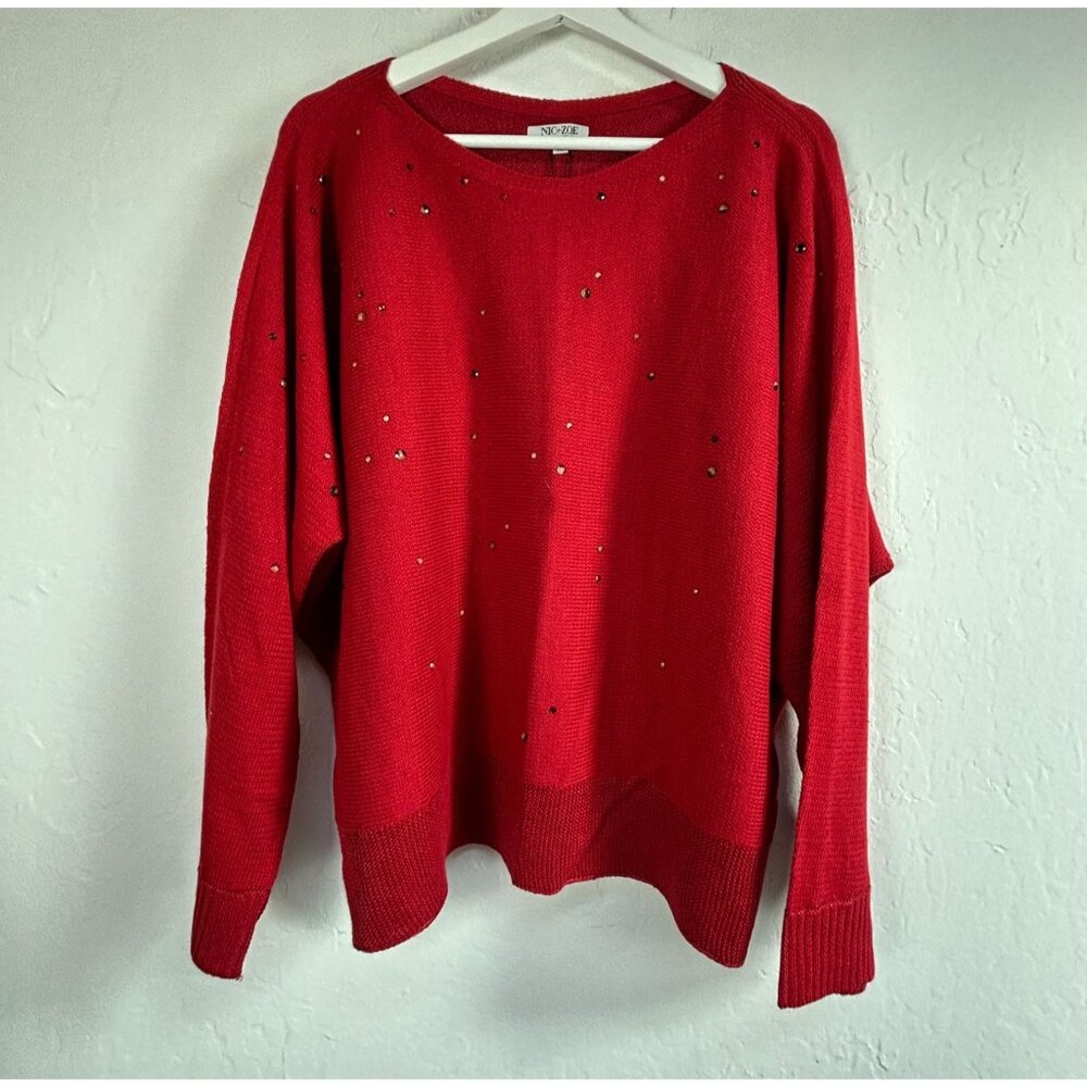 Nic+Zoe Womens Falling Stars Embellished Dolman Sweater XL Ruby Red Pullover New